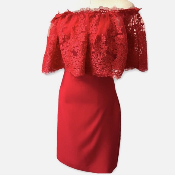 NWT Badgley Mischka Red Lace Off Shoulder Evening Dress Sz 6 - Picture 2 of 8